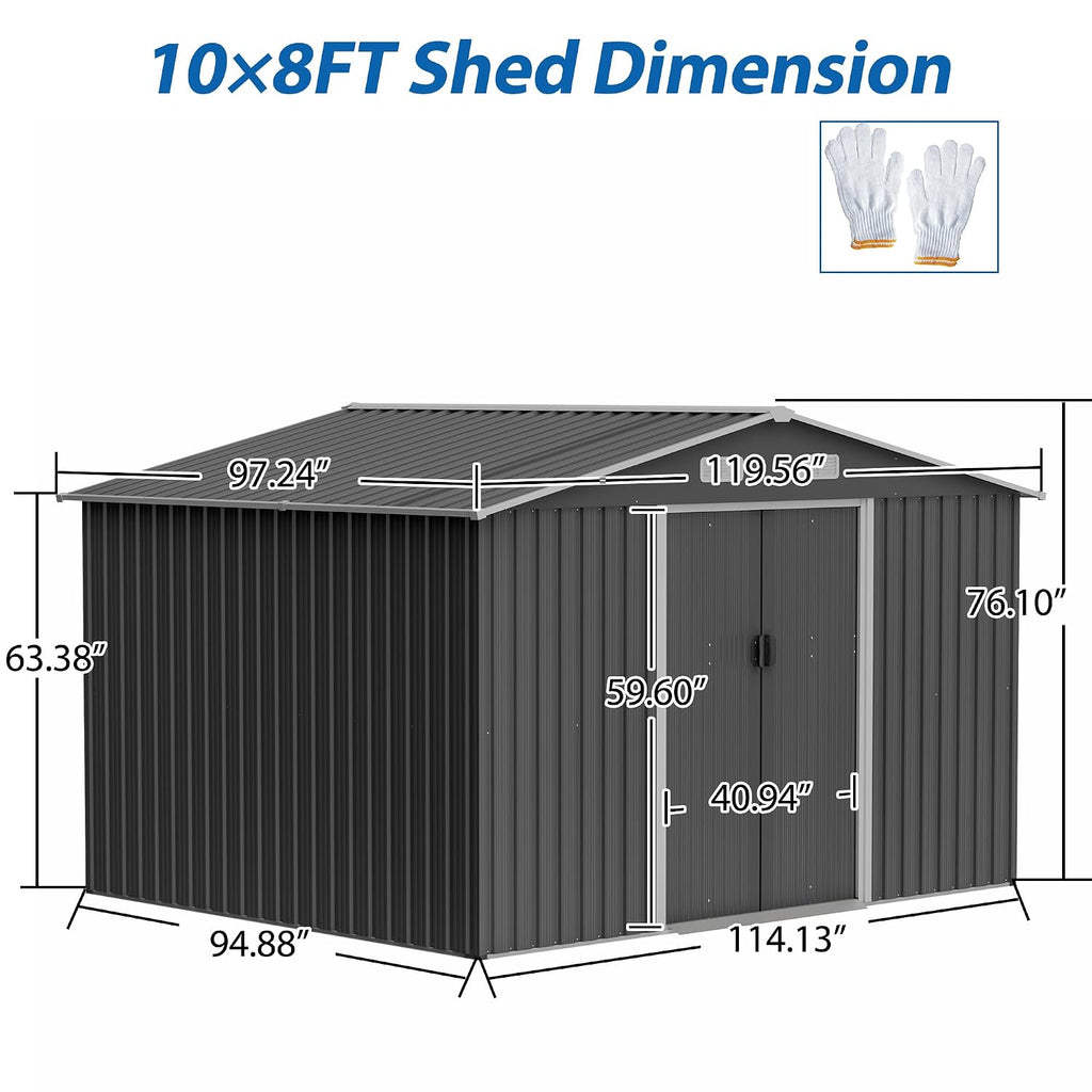 Jintop 10X8 FT Outdoor Storage Shed,Waterproof Garden Shed with Sliding Doors,All Weather Metal Heavy-Duty Tool Shed W/Vents, Foldable House for Garden Backyard, Lawn,Light Gray