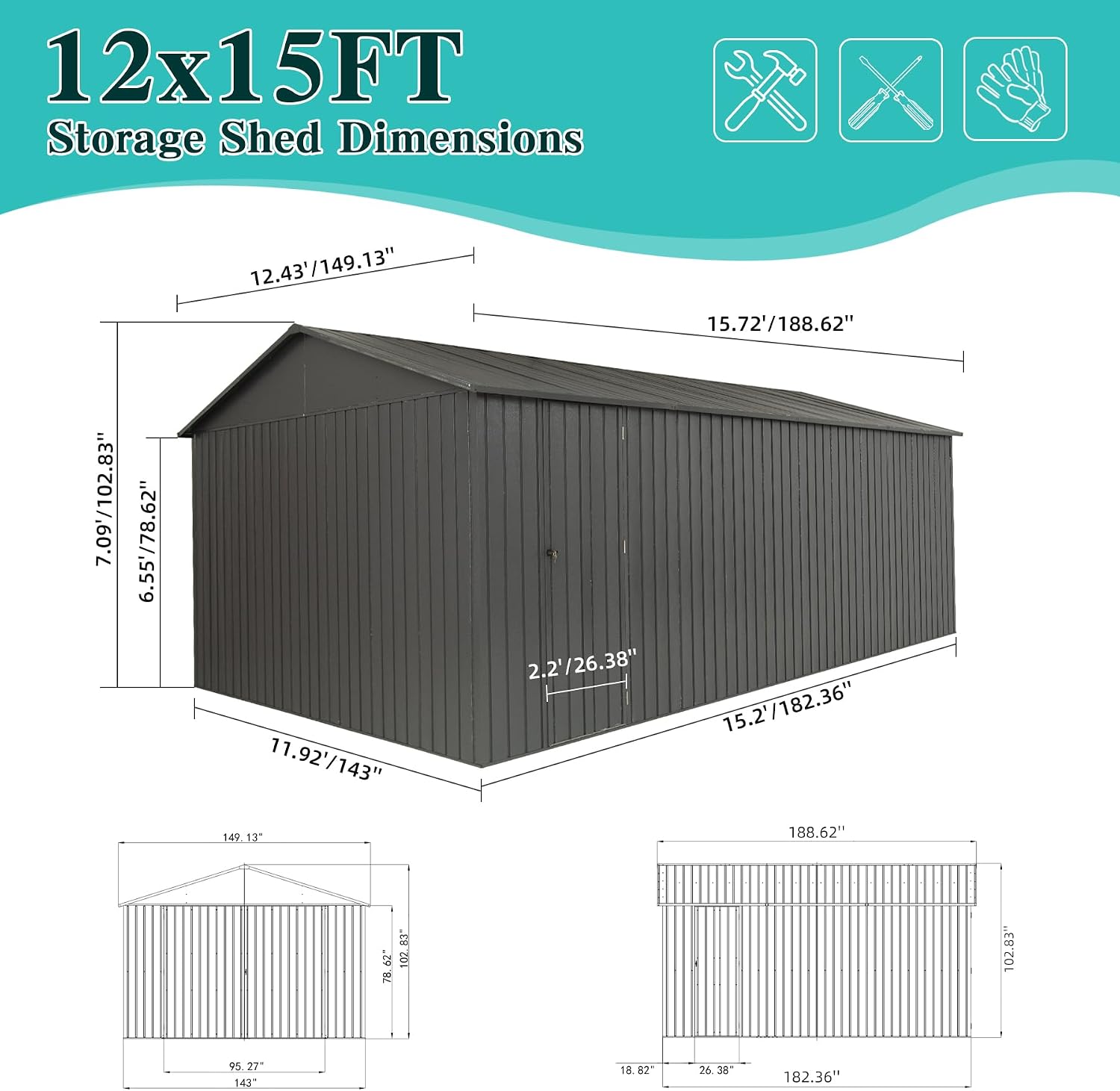 Domi 12x15FT Outdoor Metal Garage Shed, Extra Large Carport with Skylights & Dual-Entry, Backyard Storage Shed for Car, Truck, Lawn Mower and Tool, Dark Grey