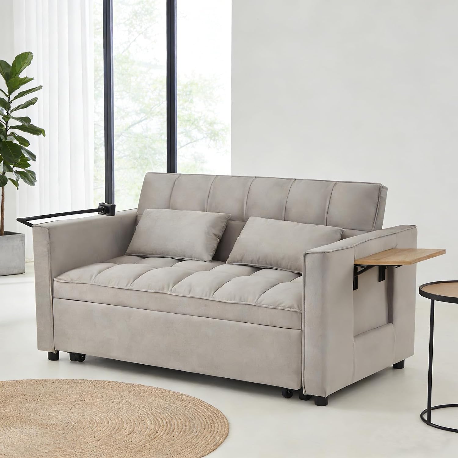 Convertible Velvet Sofa Bed with Pull-Out Bed & Side Storage Pockets, Modern Sleeper Sofa for Living Room, Apartment, Small Spaces, and Bedroom (Grey-3)