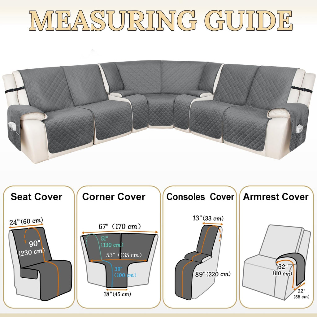 HDCAXKJ 100% Waterproof Velvet Recliner Sectional Couch Covers L Shaped Corner Reclining Sofa Cover Washable Thick Non Slip Sectional Slipcover with Pockets (5 Seat and 2 Middle Console, Dark Gray)