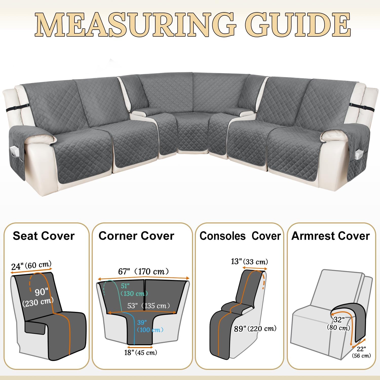 HDCAXKJ 100% Waterproof Velvet Recliner Sectional Couch Covers L Shaped Corner Reclining Sofa Cover Washable Thick Non Slip Sectional Slipcover with Pockets (5 Seat and 2 Middle Console, Dark Gray)