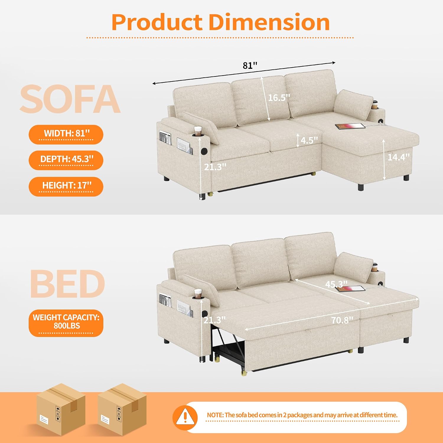 DURASPACE Sleeper Sofa Bed Pull Out Couch 2 in 1 Convertible Sofa Sleeper with Storage, L Shaped Sectional Couch Bed for Small Spaces Living Room Bedroom Apartment (Beige)
