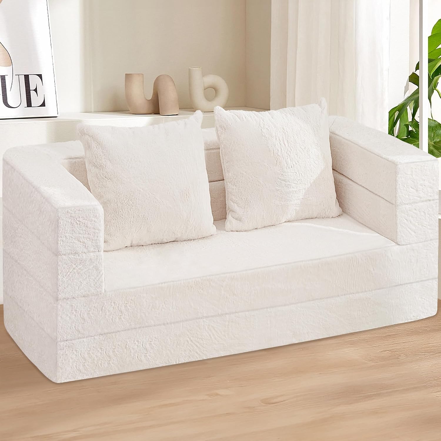 Futon Sofa Bed with Pillow, 3-in-1 Sleeper Sofa Bed with Removable Cover, Convertible Floor Sofa Bed, No Assembly Boneless Couch for Living Room, Bedroom