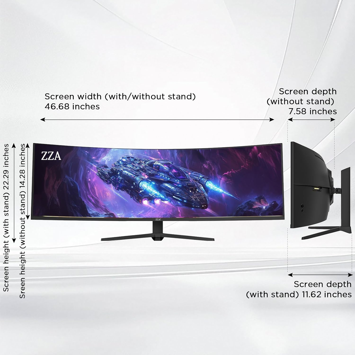 ZZA 49 Inch Ultrawide Curved Gaming Monitor, 165Hz, DQHD 5120x1440P, 1500R, Ultra-Wide 32:9 Screen, HDMI 2.0&DP1.4, 1ms MPRT, HDR, FreeSync G-Sync Compatible, VESA Compatible, Height/Tilt Adjustable
