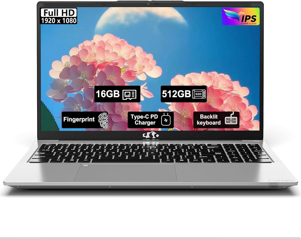 NIMO 15.6' FHD-Business-Laptop, 16GB RAM 512GB SSD AMD Ryzen 5 3500U Processor (Max 3.7GHz) 65W USB-C Fast Charging Fingerprint Backlit Keyboard BT5.2 Windows 11 Office Study Laptop, 2 Years Warranty