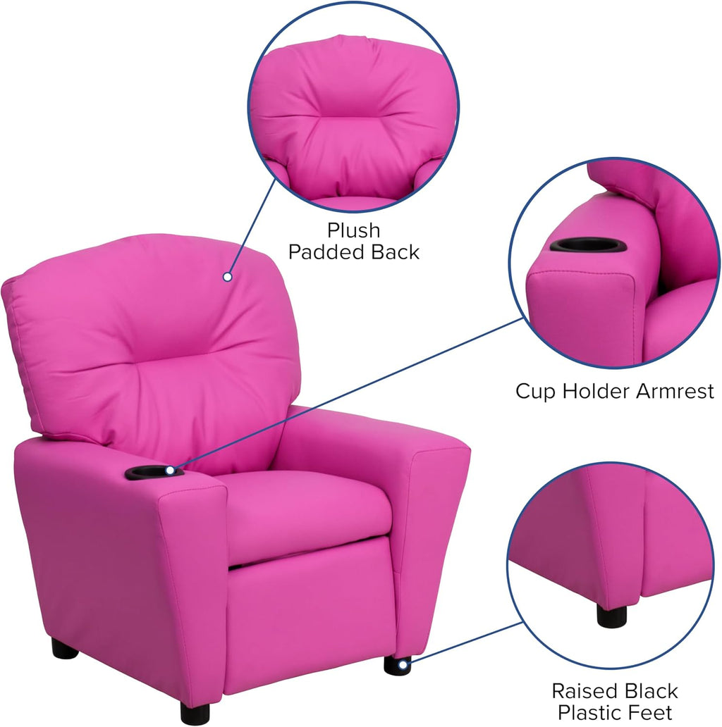 Flash Furniture Chandler Vinyl Kids Recliner with Cup Holder and Safety Recline, Contemporary Reclining Chair for Kids, Supports up to 90 lbs., Hot Pink