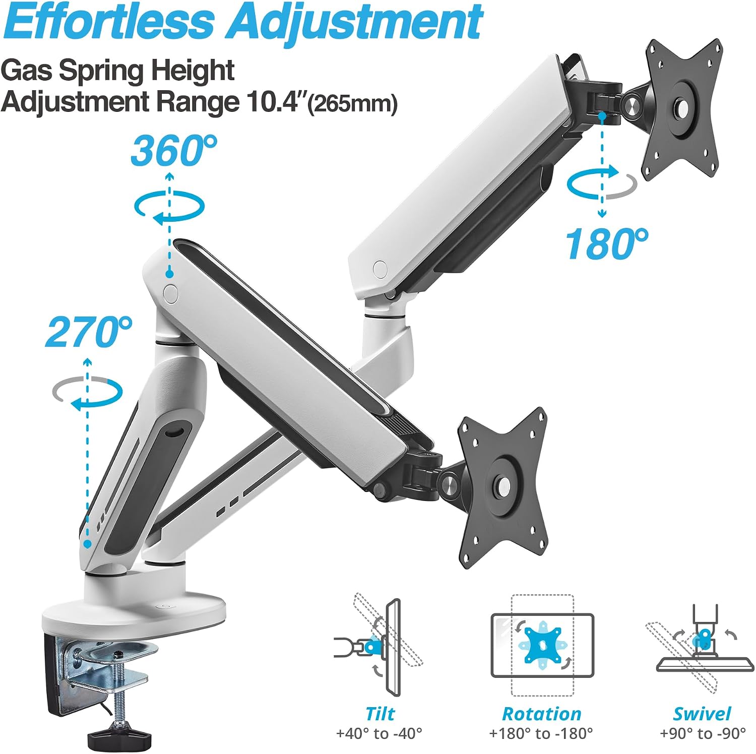 AVLT Dual 27'-43' RGB Gaming Monitor Arm Desk Mount Built-in 20 Lighting Modes Touch Button Control Fits Flat/Curved/Ultrawide Screen Height Swivel Tilt Rotation Adjustable Stand -White