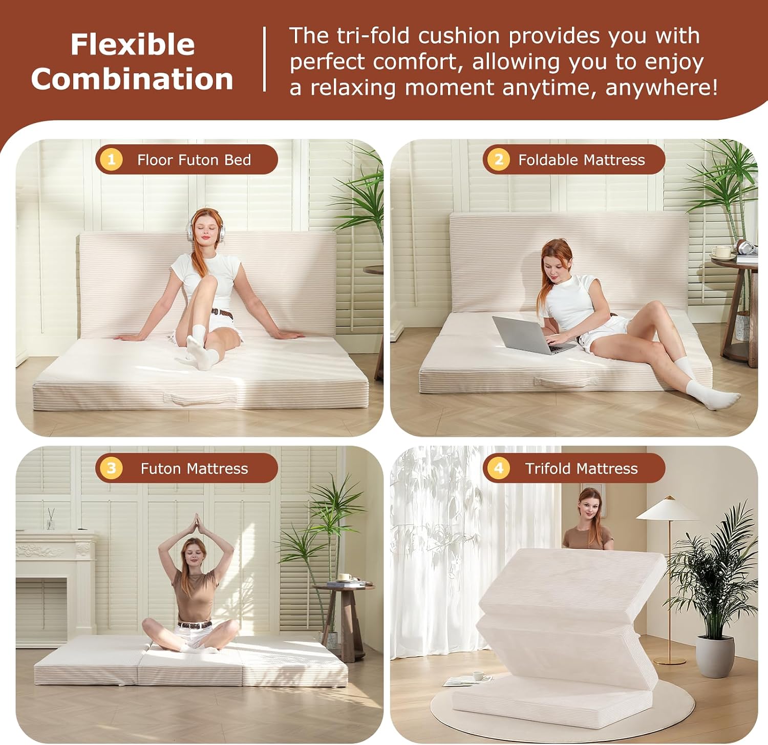 6-Inch Tri-Fold Foldable Mattress, Folding Sofa Bed with Removable Washable Cover, Portable Futon Mattress Full Size Floor Guest Mat with Non-Slip Bottom & Carry Handles for Camping (Beige, Full)