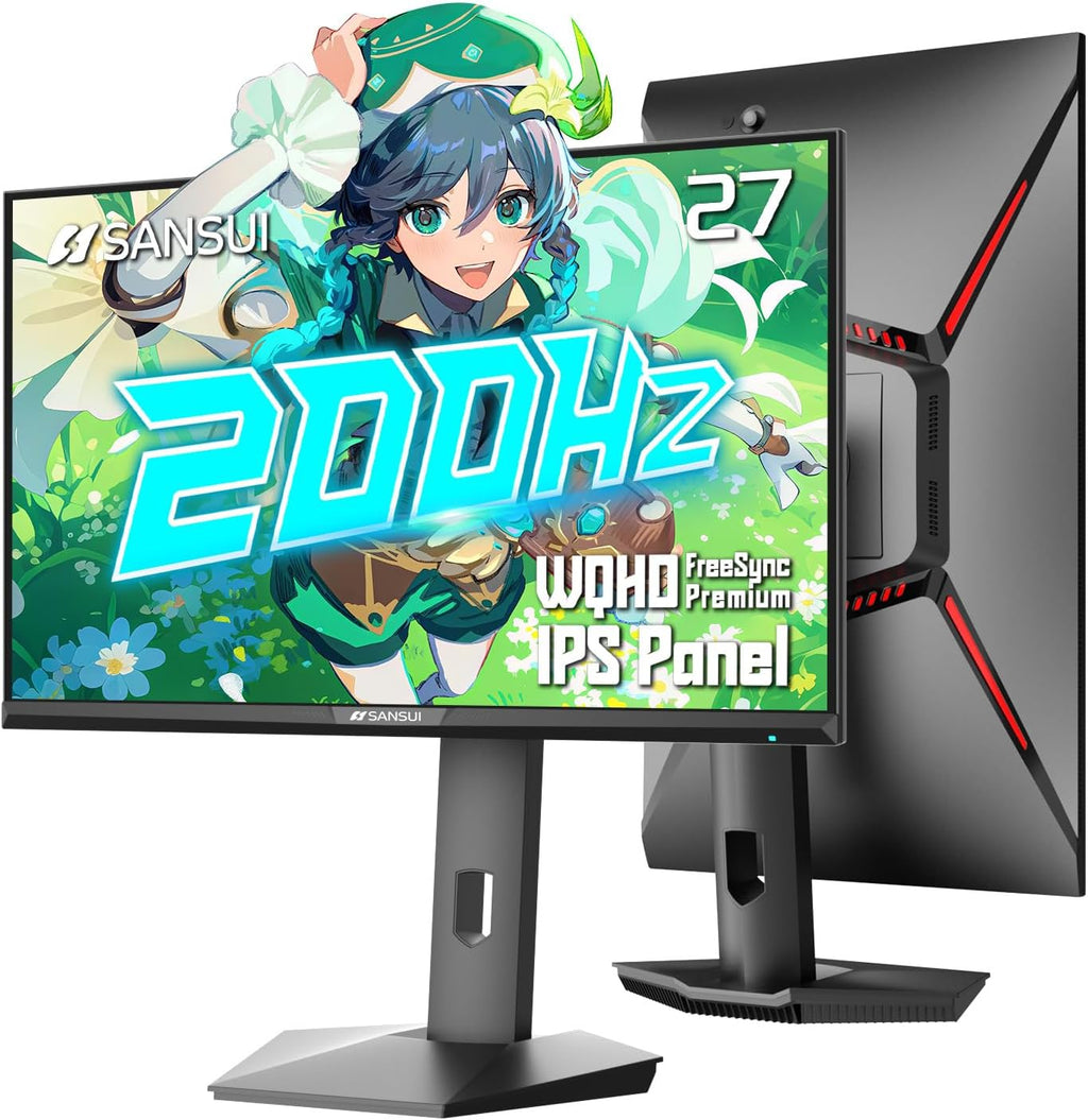 SANSUI Gaming Monitor 27' 1440P 200Hz 180Hz WQHD 2560×1440-AMD FreeSync 1ms DCI-P3 95% Fast IPS Computer Monitor,Height Adjustable Vertical/Horizontal Rotating, 2×DisplayPort/HDMI 丨HDR丨Low Motion Blur