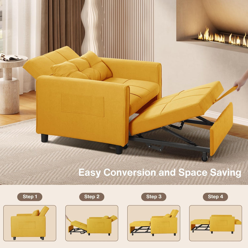 Aiho Convertible Sleeper Sofa Chair Bed, 3-in-1 Adjustable with Pillow & Pocket - Multi-Functional in Modern Linen Fabric for Apartment, Yellow