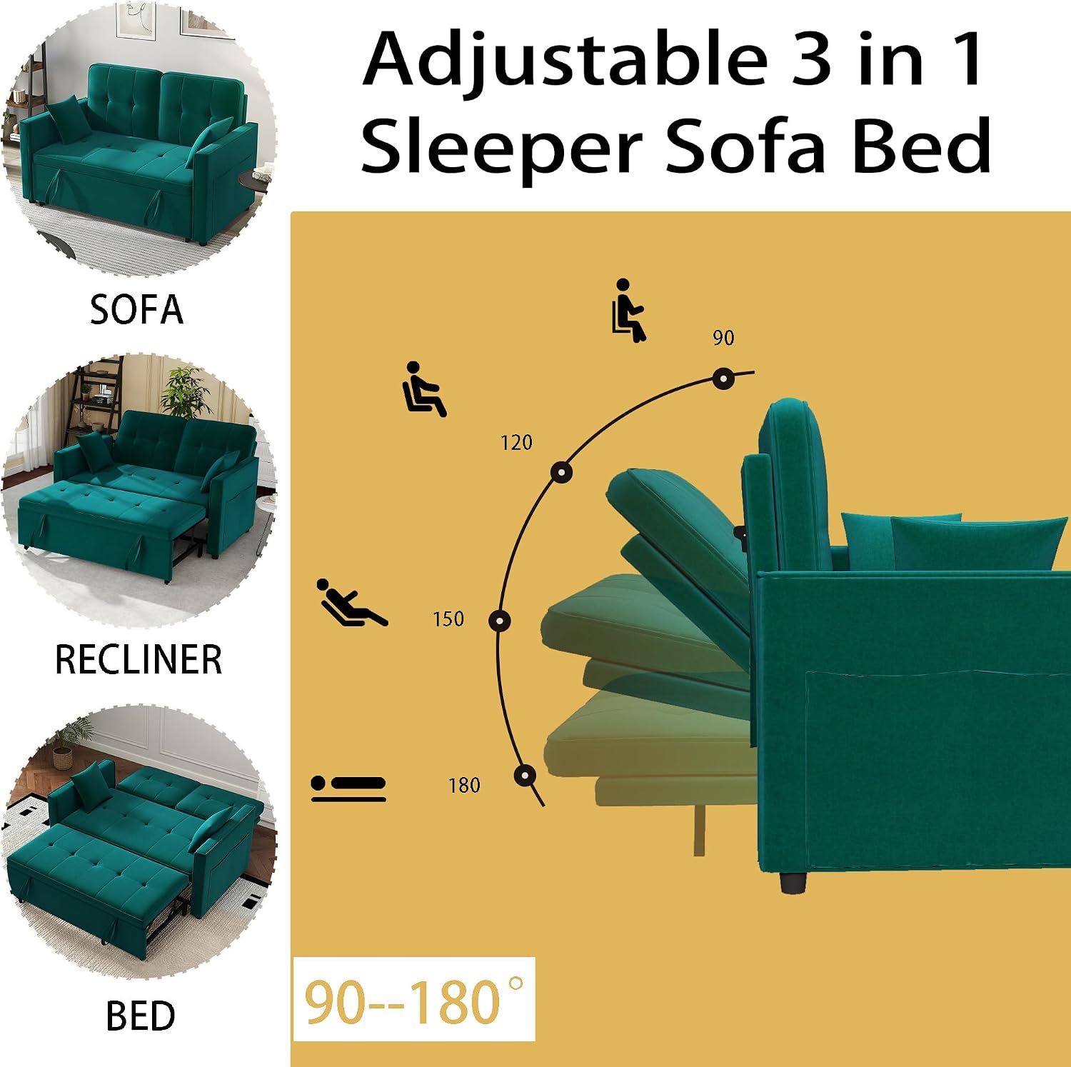 Green Convertible Sofa Bed: 3 in 1 Sleeper Sofa Couch Bed, Pull Out Couch with Adjustable Backrest, Velvet Convertible Loveseat Sleeper, for Living Room (Green)
