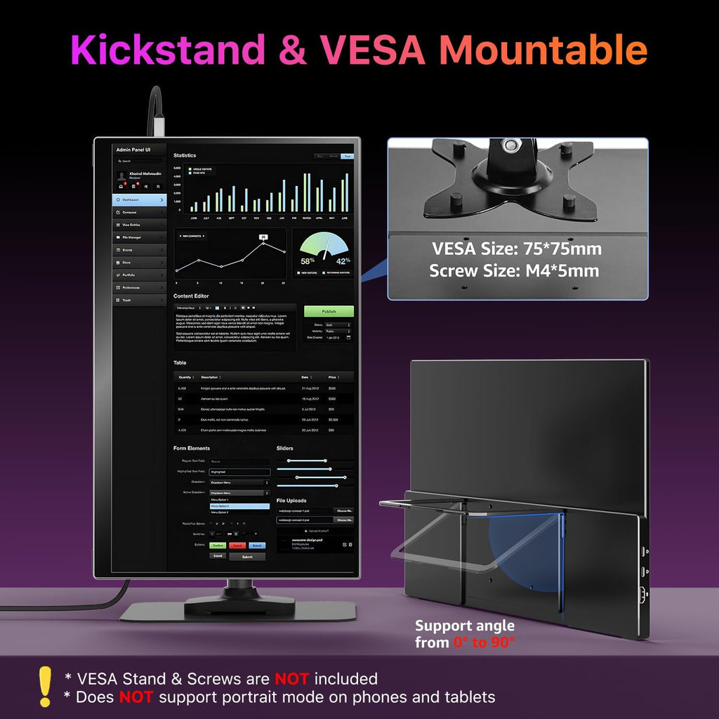 kksmart Portable Monitor for Laptop MacBook Surface PC Xbox PS5, Travel Monitor Second Screen for Laptop, HDMI USB-C VESA Compatible Built-in Speaker, 18.5inch