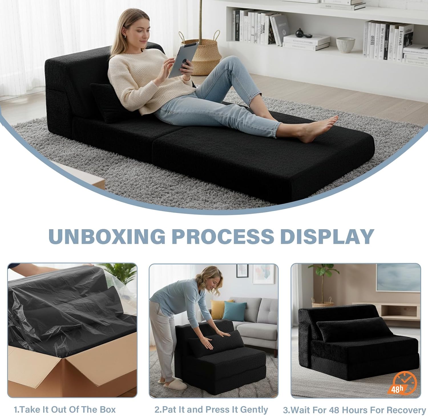 Tiita Convertible Folding Sofa Bed Single Size for Adults with Pillow, Plush Fabric Floor Mattress Couch Bed, Washable Cover & Side Pocket, Guest Room, Dorm, Apartment, Living Room, Black