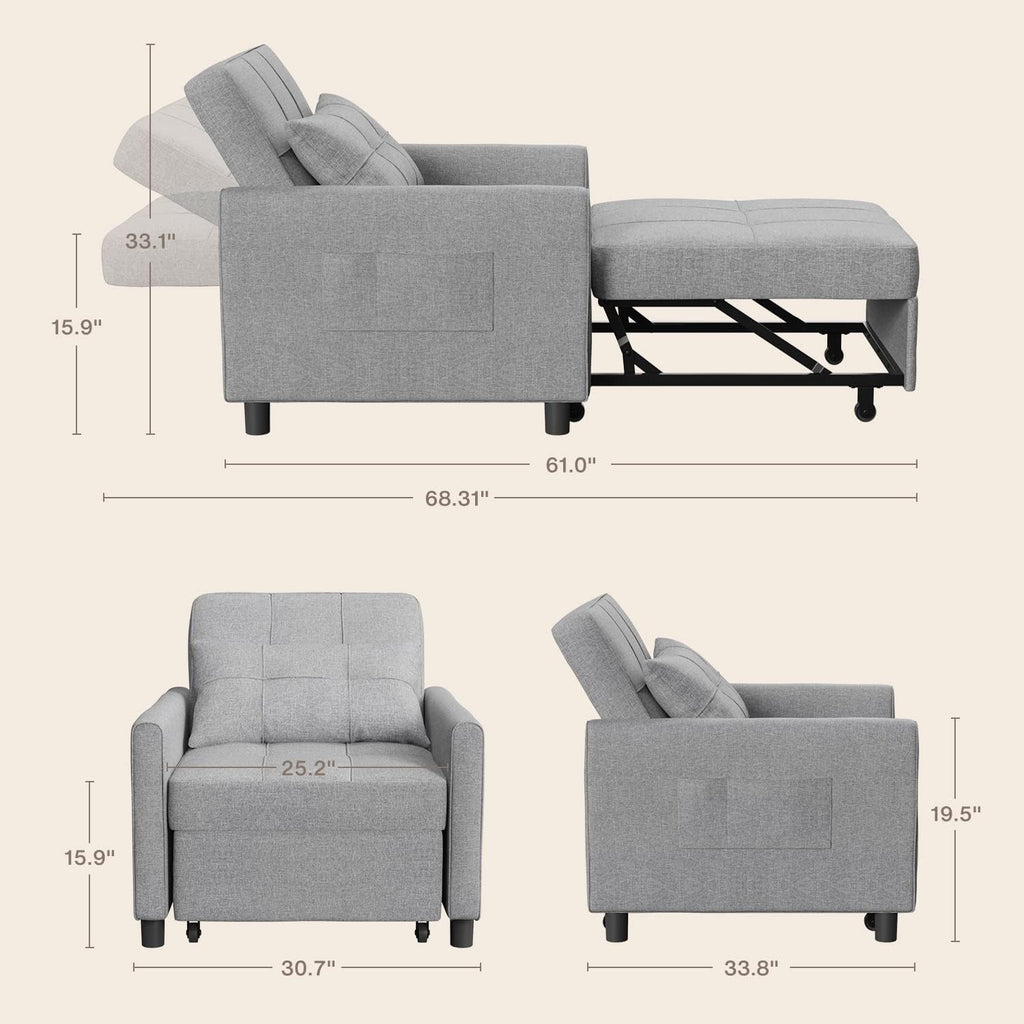 Aiho Convertible Sleeper Chair, 3-in-1 Sofa Bed with Adjustable Design, Pillow & Pocket - Pull Out Sleeper for Apartment, Light Gray