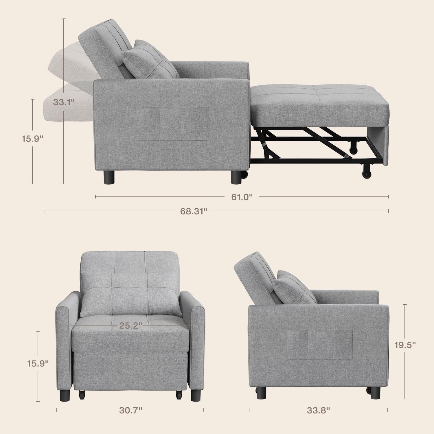 Aiho Convertible Sleeper Chair, 3-in-1 Sofa Bed with Adjustable Design, Pillow & Pocket - Pull Out Sleeper for Apartment, Light Gray