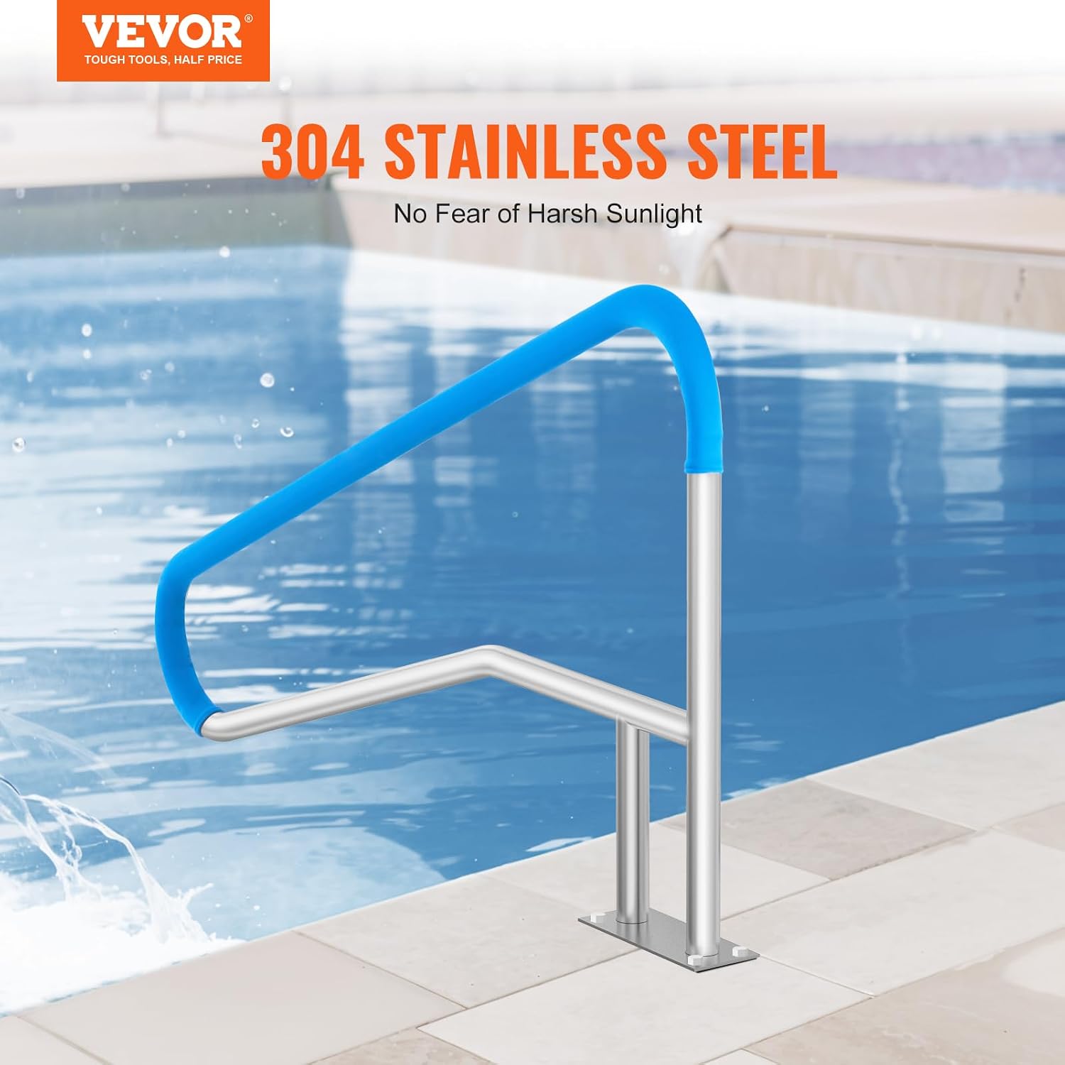 VEVOR Pool Rail 54x36 Pool Railing 304 Stainless Steel 250LBS Load Capacity Silver Rustproof Pool Handrail Humanized Swimming Pool Handrail with Blue Grip Cover & M8 Drill Bit & Self-Taping Screws