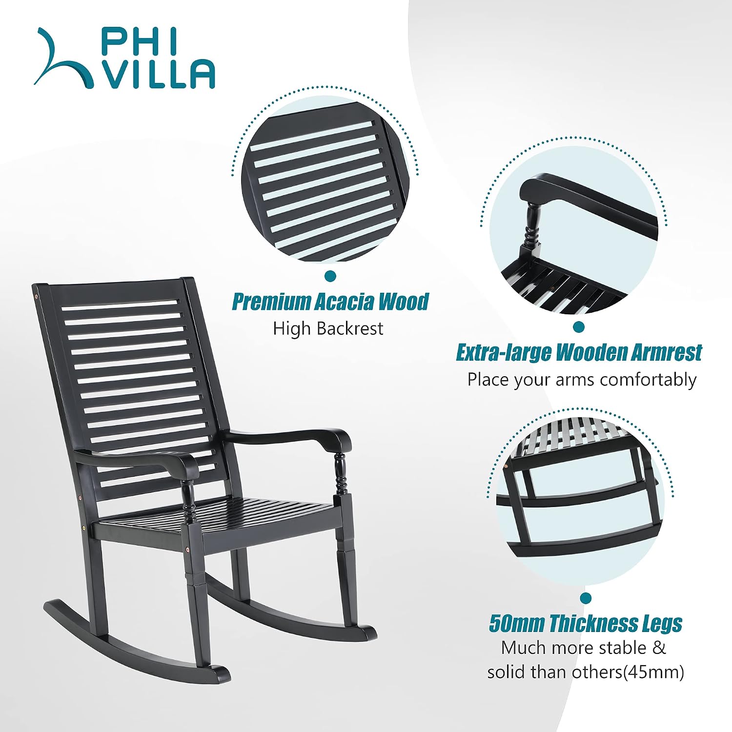 PHI VILLA Outdoor Rocking Chairs, Acacia Wood Rocker Chairs for Patio, Deck, Balcony, Porch or Indoor Use, 30° Safe Recline Support 350lbs - Black