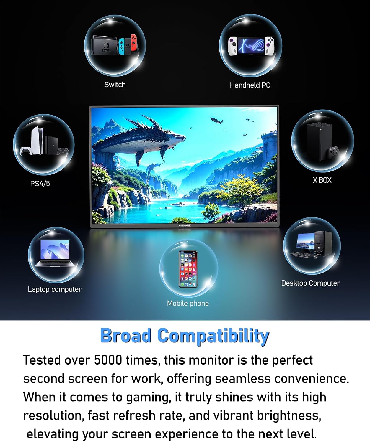 2.5K 144Hz Portable Gaming Monitor 16', 2560x1600, Plug & Play, 100% sRGB, 500nits, 16:10, Eye Care Second Computer Display with Speakers for Laptop, PC, Mac, P-S4/5, Sw-tch, X-BO, USB-C/HDMI, (K16G)