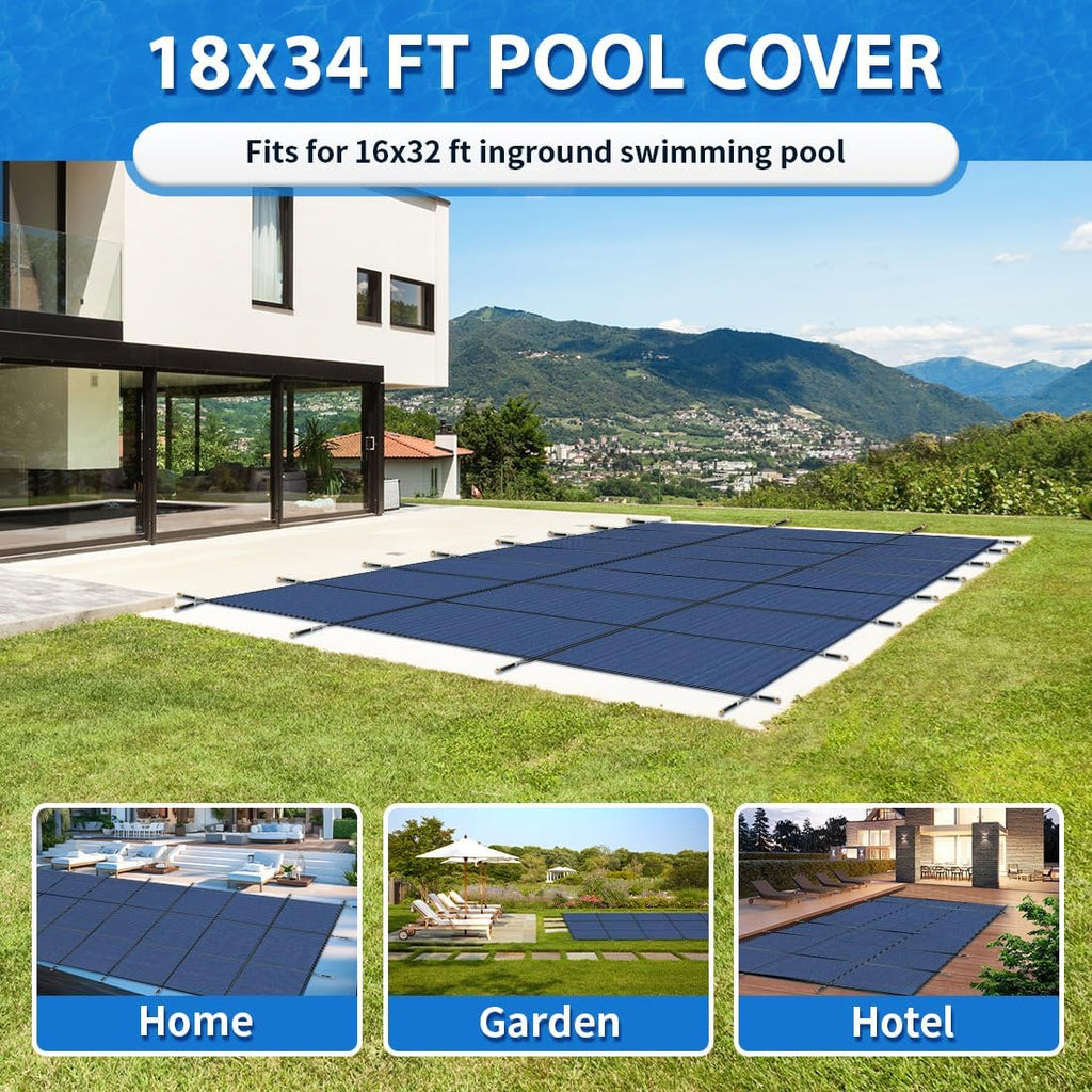 iCOVER Inground Pool Safety Cover, 16x32ft Rectangle Winter Safety Pool Cover for Inground Swimming Pools, Winter Pool Cover, Pool Covers for Inground Pools, Triple Stitched for High Strength, Blue