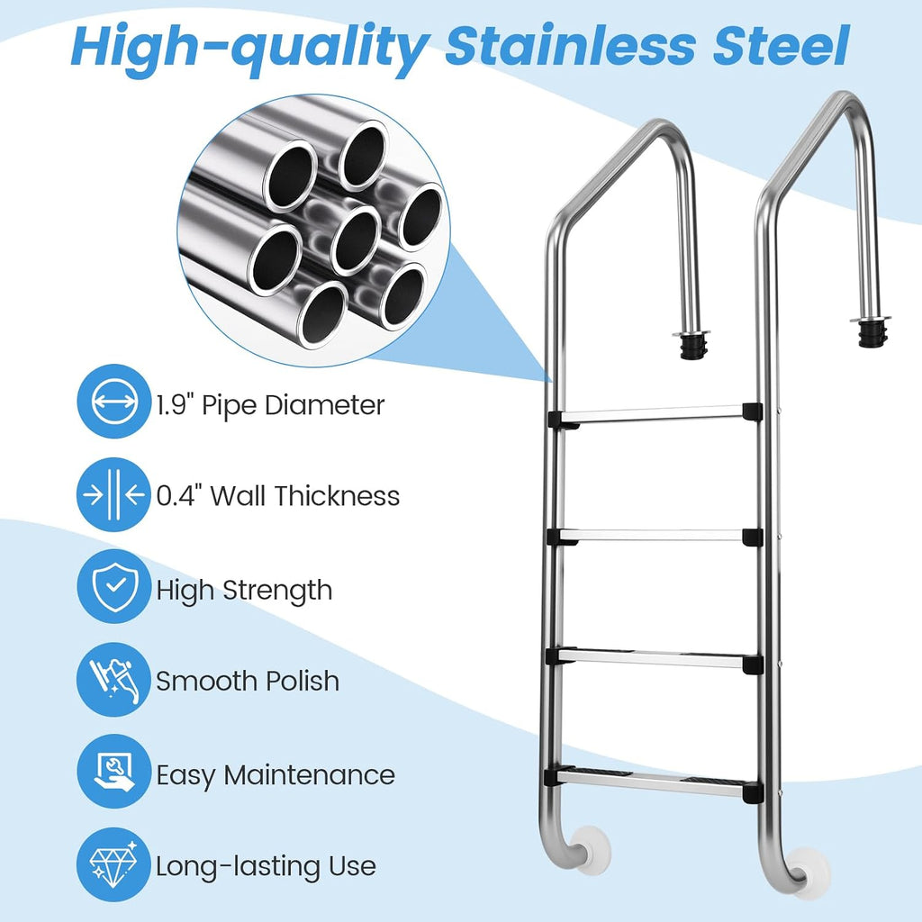 Goplus Swimming Pool Ladder, 3-Step/4-Step In-Ground Stainless Steel Step for Indoor/Outdoor Pool, Heavy Duty Non-Slip Ladder, Easy Assembly (4 Steps)