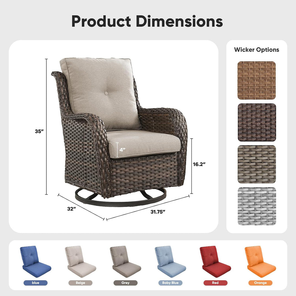 Belord Outdoor Swivel Chairs Set of 2,Patio Wicker Rocker Chairs,All Weather Patio Conversation Furniture Set, Ideal for Porch Balcony Deck Yard, Brown Wicker/Beige
