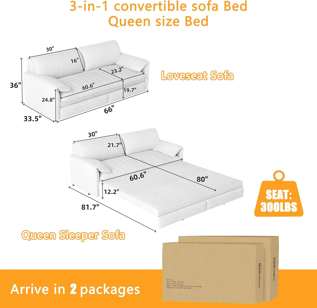 63.8' Sofa Bed Queen Size, Pull Out Couch Bed, 3-in-1 Convertible Sleeper Sofa with Side Pocket, Modern Velvet Futon Couch for Living Room, Small Space, Apartment, Bedroom, Beige