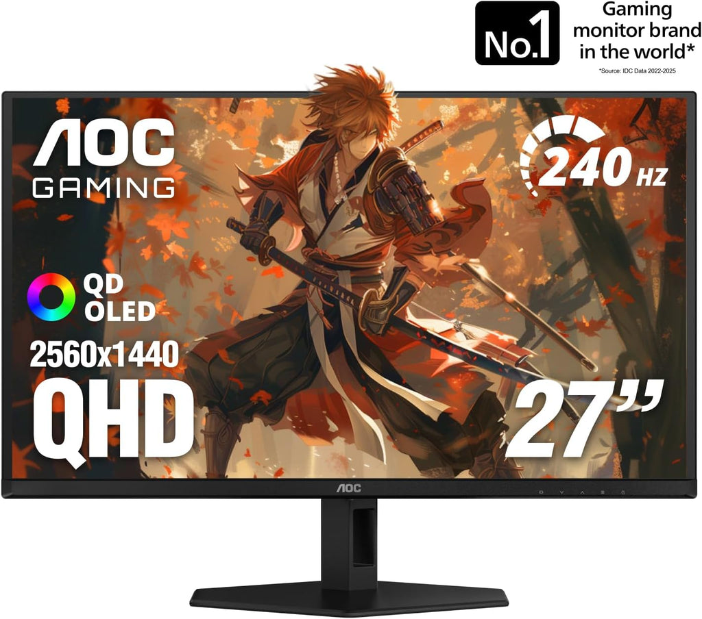 AOC 27' QD OLED Gaming Monitor, QHD 2560x1440, 240Hz, 0.03ms GtG, G-SYNC Compatible, HDR Ready, DisplayPort, HDMI, VESA Mountable, Console Gaming Ready, Q27GAZD