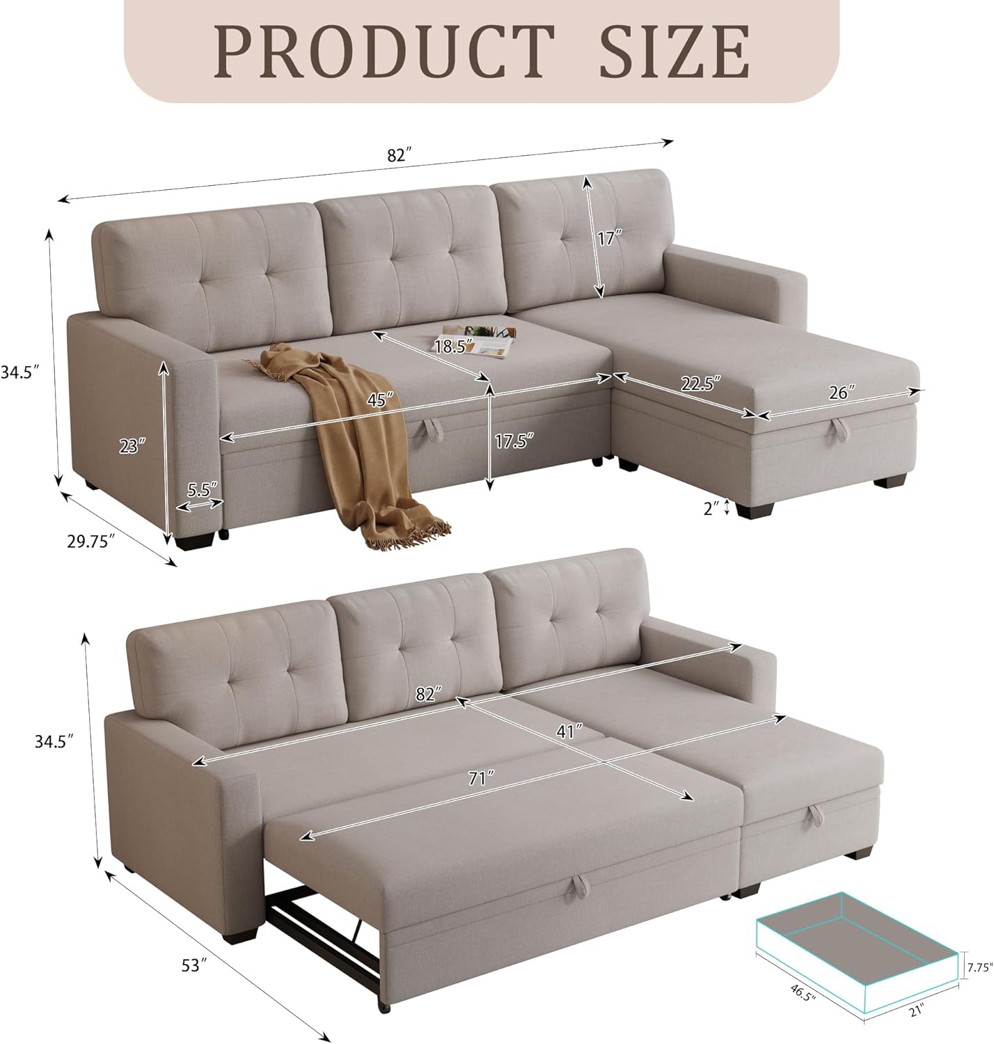 Ball & Cast Convertible Sectional Sleeper Sofa Bed L Shaped,4 in 1 Pull Out Couch with Reversible Storage Chaise & Removable Back Cushions,Sleeper Corner Pull Out Sofa Bed Couch for Living Room,Office