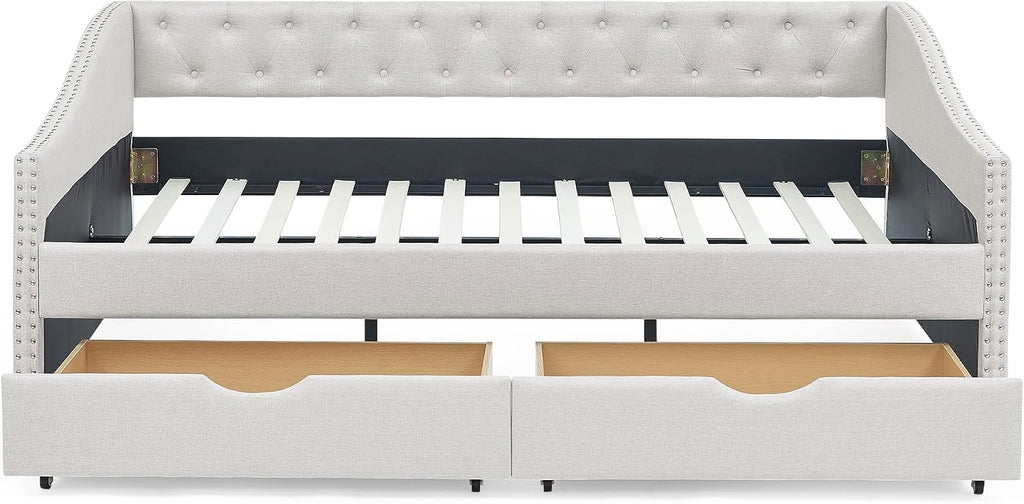 KEIKI Full Size Upholstery Daybed with 2 Drawers and Headboard, Mid-Century Style Tufted Sofa Bed with Button on Back, Easy Assembly, No Box Spring Required, for Living Room and Bedroom, Beige