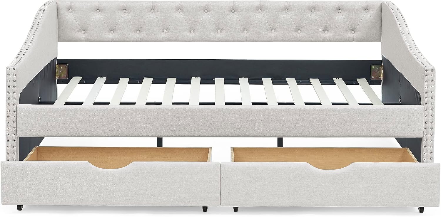 KEIKI Full Size Upholstery Daybed with 2 Drawers and Headboard, Mid-Century Style Tufted Sofa Bed with Button on Back, Easy Assembly, No Box Spring Required, for Living Room and Bedroom, Beige