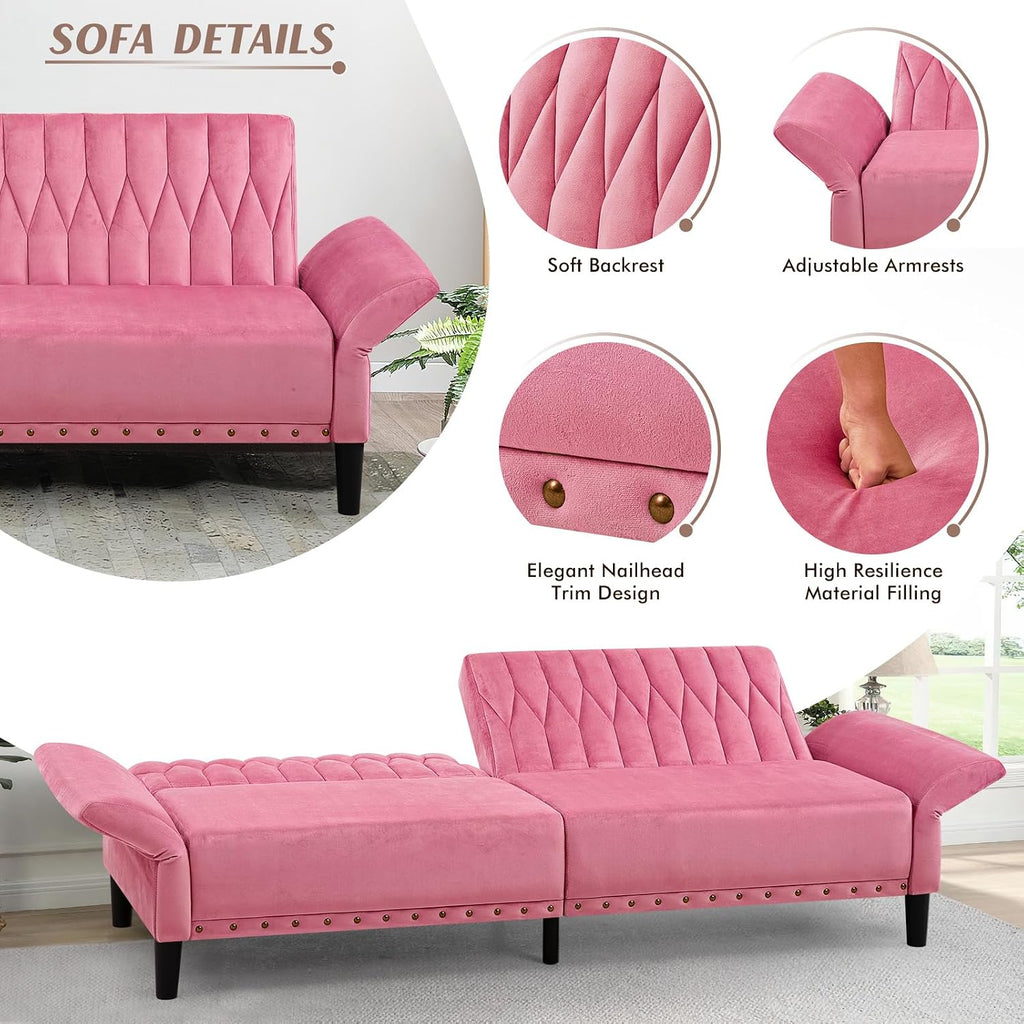 77' Velvet Sofa Bed with Adjustable Armrests and Backrests,Tufted Convertible Futon Couch with Nailhead Trim, Loveseat Modern Velvet Sleeper Sofa for Living Room,Bedroom,Office,Pink