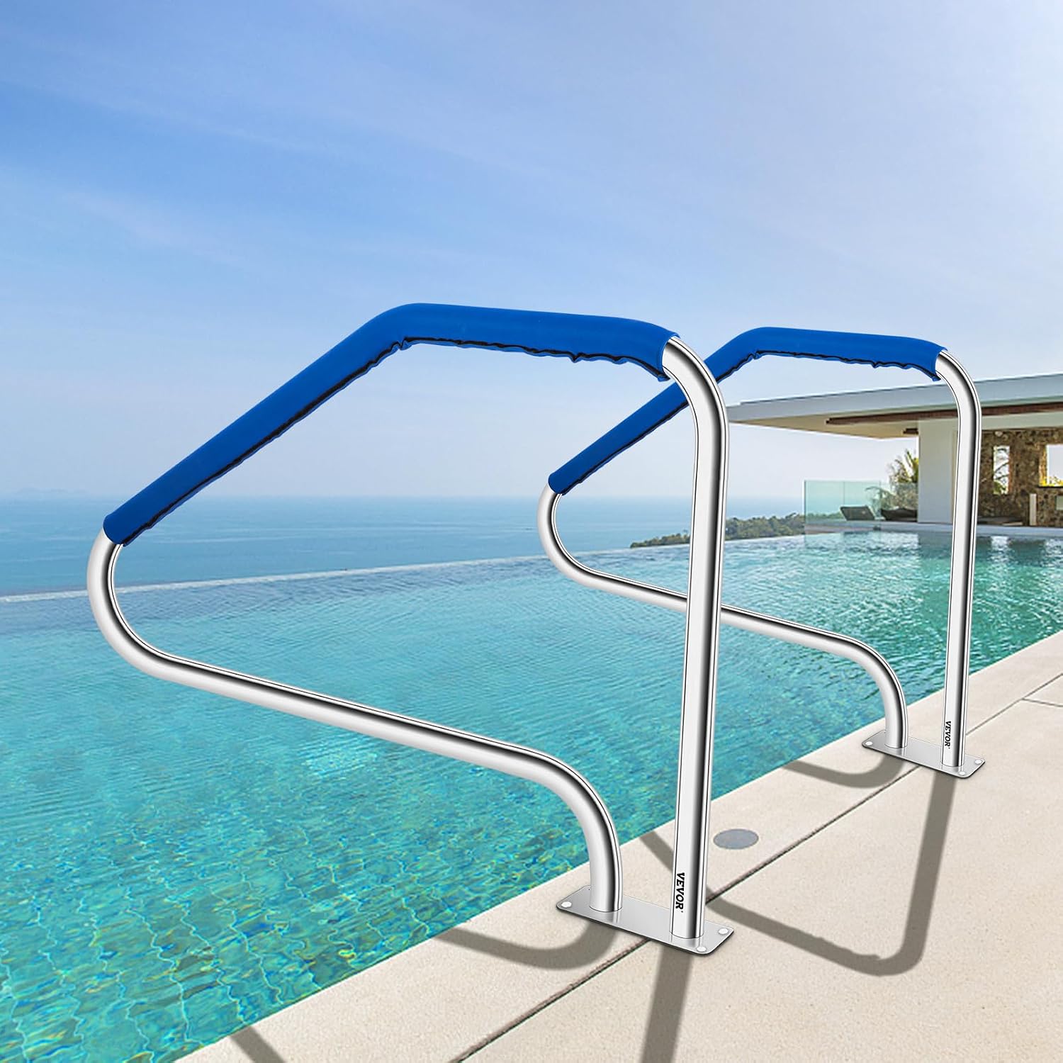 VEVOR Pool Handrail, 49.4' x 34' Stainless Steel Stair Rail, 375lbs Load Capacity, Quick Mount Base Plate, Complete Mounting Accessories