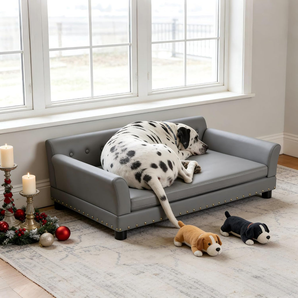 BingoPaw Large Leather Dog Sofa: Jumbo Pet Couch Made by Scratching Resistant Microfiber Leather - Indoor Elevated Dogs Chaise Bed for Doggy up to 120lbs