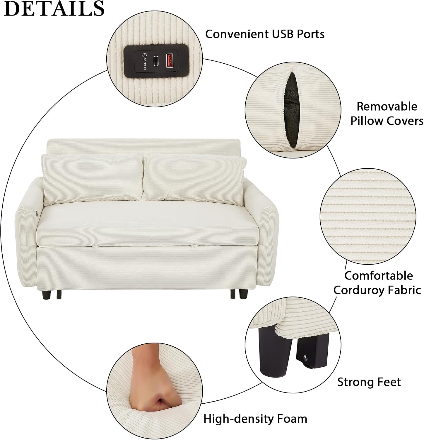Merax Pull-Out Sofa Bed Convertible Couch 2 Seat Loveseat Sofa Modern Sleeper Sofa with Two Throw Pillows and USB Ports for Living Room, Beige