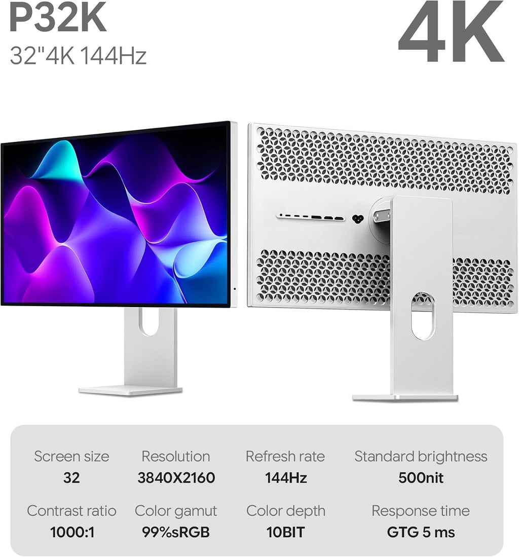 P32K 32'' UHD (3840 x 2160) 4K 144Hz Glossy Monitor, IPS Panel, 10-Bit Color, 99% sRGB, 96% DCI-P3, 5ms, HDR, Low Blue Light, Eye Care (Honeycomb - with Stand)