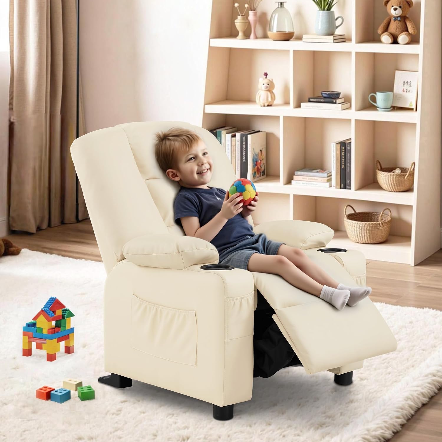 MCombo Big Kids Recliner for Ages 3+, Child Reclining Chair, Toddlers Recliner Sofa with Cup Holders, Faux Leather, 7322(Cream White)