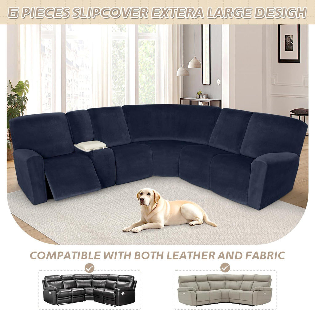 Arfntevss Sectional Recliner Couch Covers Velvet Washable Corner Sectional Sofa Cover for Reclining Stretch Soft Thick L Shape Recliner Slipcover Set (5 Seat with 1 Console Cover, Dark Blue)