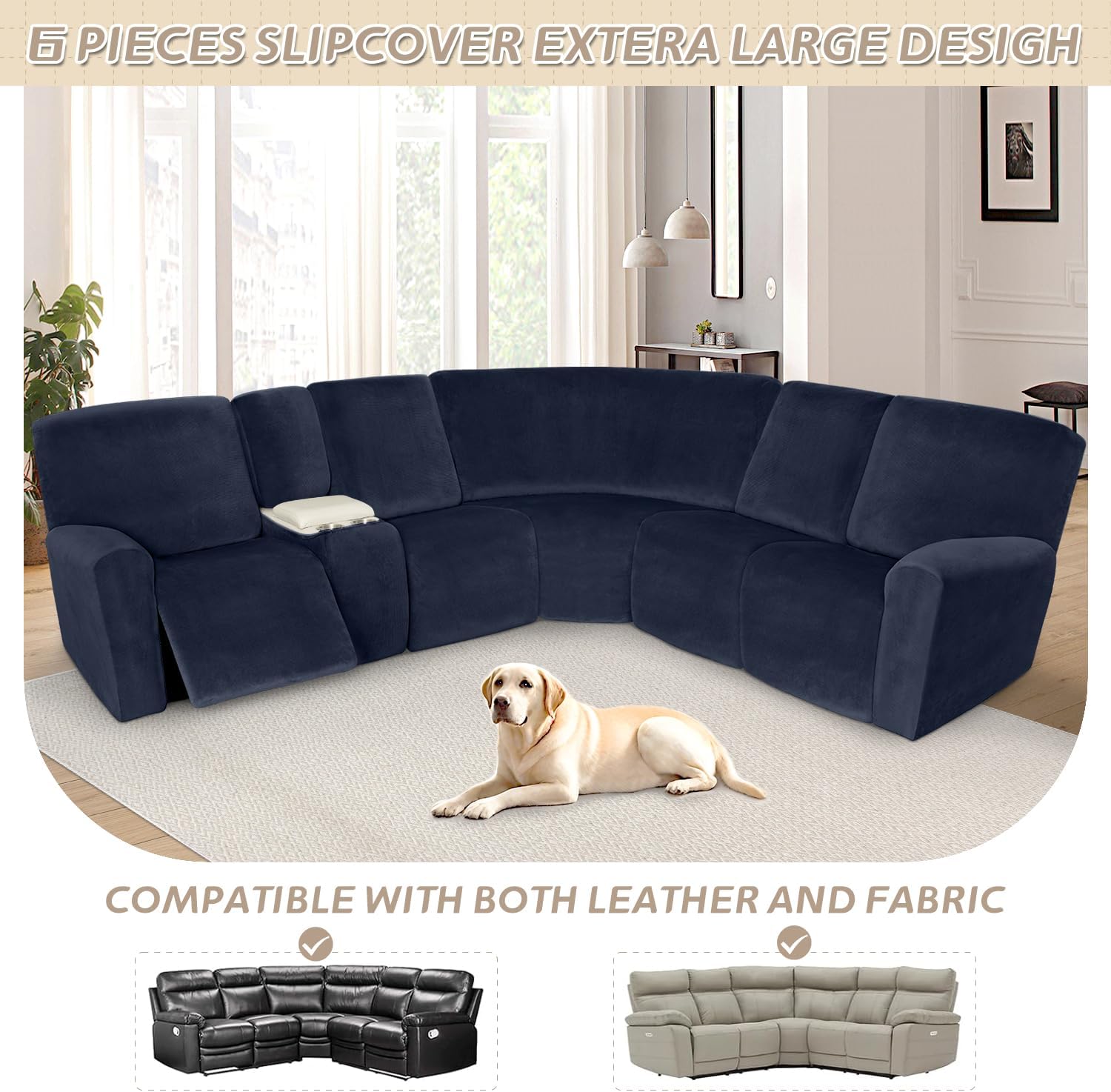 Arfntevss Sectional Recliner Couch Covers Velvet Washable Corner Sectional Sofa Cover for Reclining Stretch Soft Thick L Shape Recliner Slipcover Set (5 Seat with 1 Console Cover, Dark Blue)