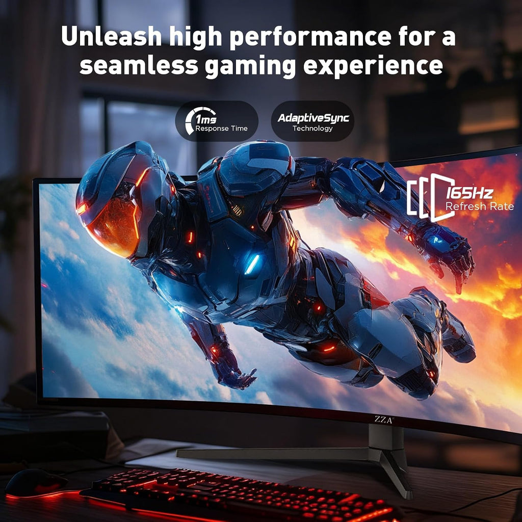 ZZA 49 Inch Ultrawide Curved Gaming Monitor, 165Hz, DQHD 5120x1440P, 1500R, Ultra-Wide 32:9 Screen, HDMI 2.0&DP1.4, 1ms MPRT, HDR, FreeSync G-Sync Compatible, VESA Compatible, Height/Tilt Adjustable