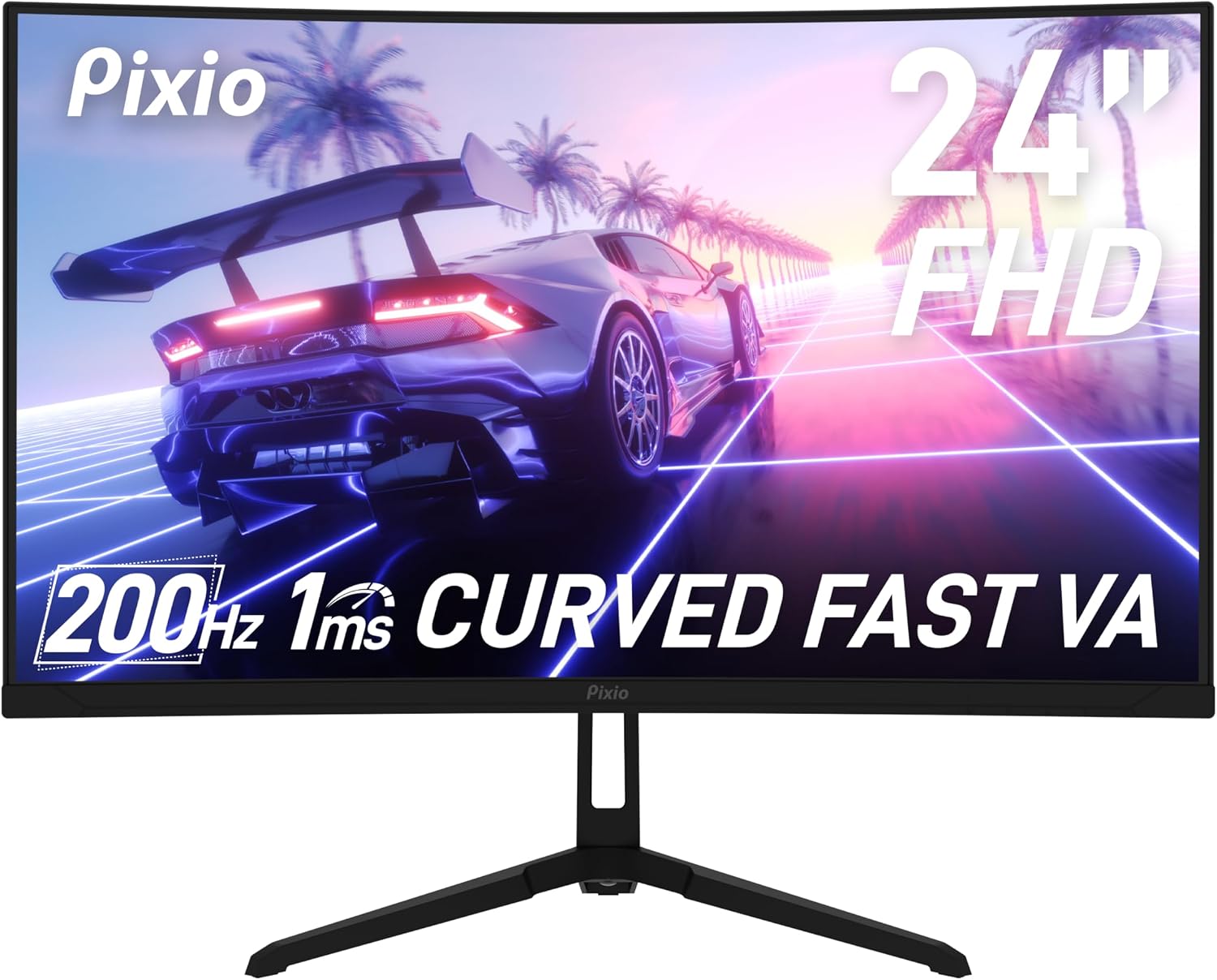 Pixio PXC248WAVE 24 inch 200Hz Refresh Rate FHD 1080p Resolution 1500R Curve Fast VA Panel 1ms GTG Response Time HDR Curved Gaming Monitor and PS1S Wave Black Single Monitor Arm - Fits up to 32 inches