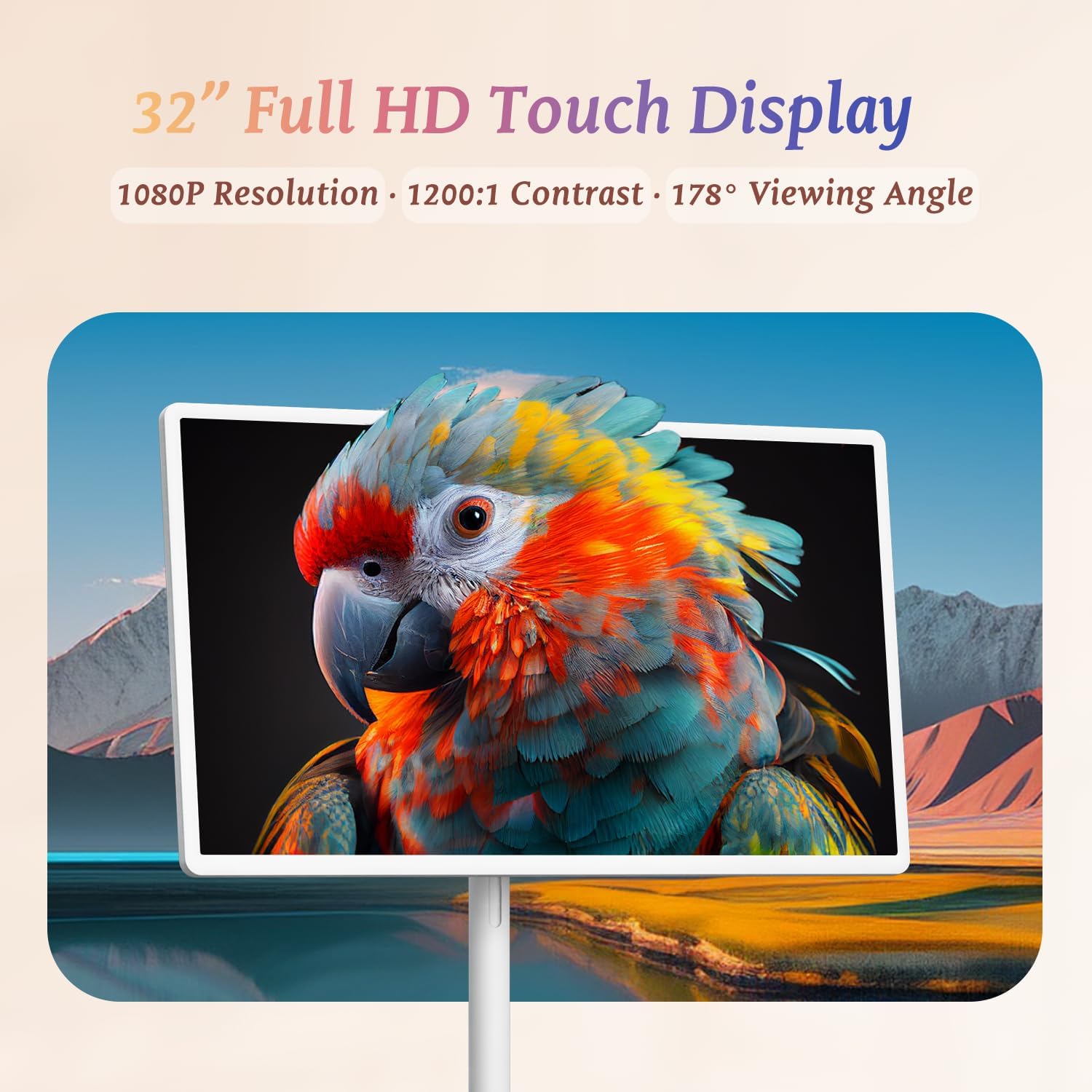 32 Inch Smart Portable TV, FHD Touch Screen Monitor on Wheels, Android 15, 8GB +128GB, Wireless Movable Display EDLA-Certified 5MP Camera 10W Stereo Speaker, 38,400 mAh Battery, Voice Airmouse Remote