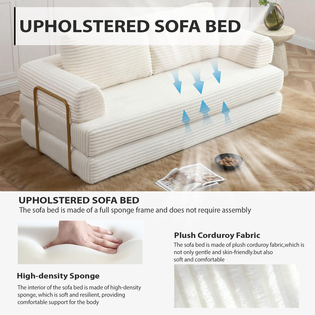 HANXIN 80 Inch Convertible Sleeper Sofa Bed, High Back Plush Corduroy Folding Floor Mattress Couch with Fixed-Shape Frame, Boneless Futon Loveseat with Pull Out Bed, No Assembly Required (Beige)