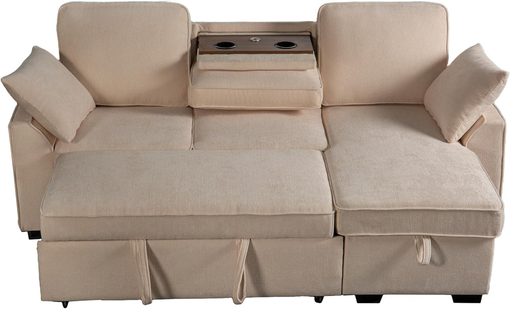 Ball & Cast L-Shape Reversible Sectional Sleeper Sofa Bed 4 in 1 Pull Out Couch with Storage Chaise,Cup Holders & USB Ports,Convertible Sleeper Corner Couch Pull-Out Sofa Bed for Living Room,Office