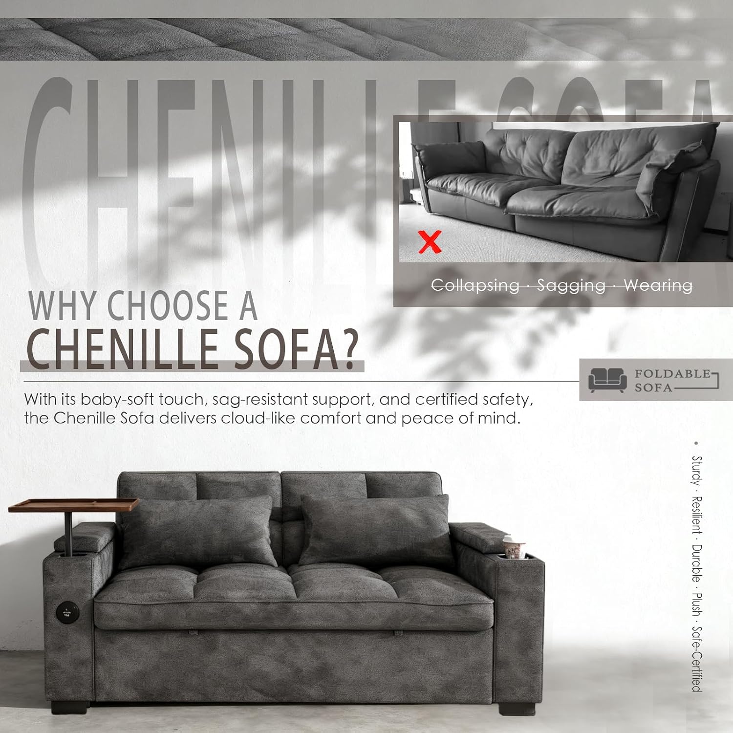 Dreamzie 65'' Convertible Sleeper Sofa Bed with 90° Swivel Side Table, Chenille Pull Out Couch for Living Room, Loveseat Sleeper with Hidden Storage Space | Charging Port | Cup Holders, Grey