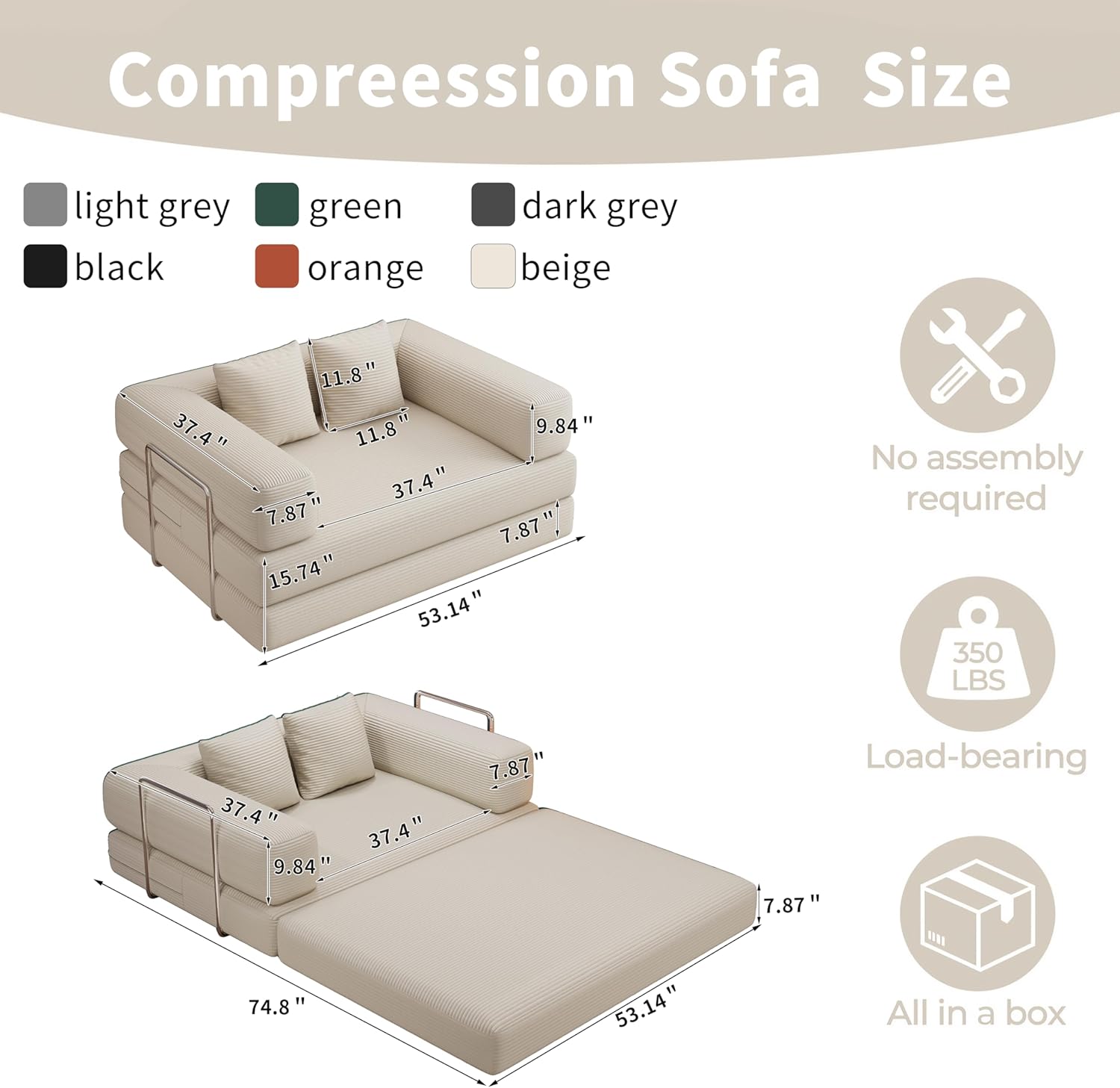 BSHOMGI 4 in 1 Futon Sofa Bed Queen Size - Foldable Convertible Sleeper Sofa Couch, Removable Washable Corduroy Cover, Space Saving Floor for Living Room (Beige, 53.15' Double Sofa)