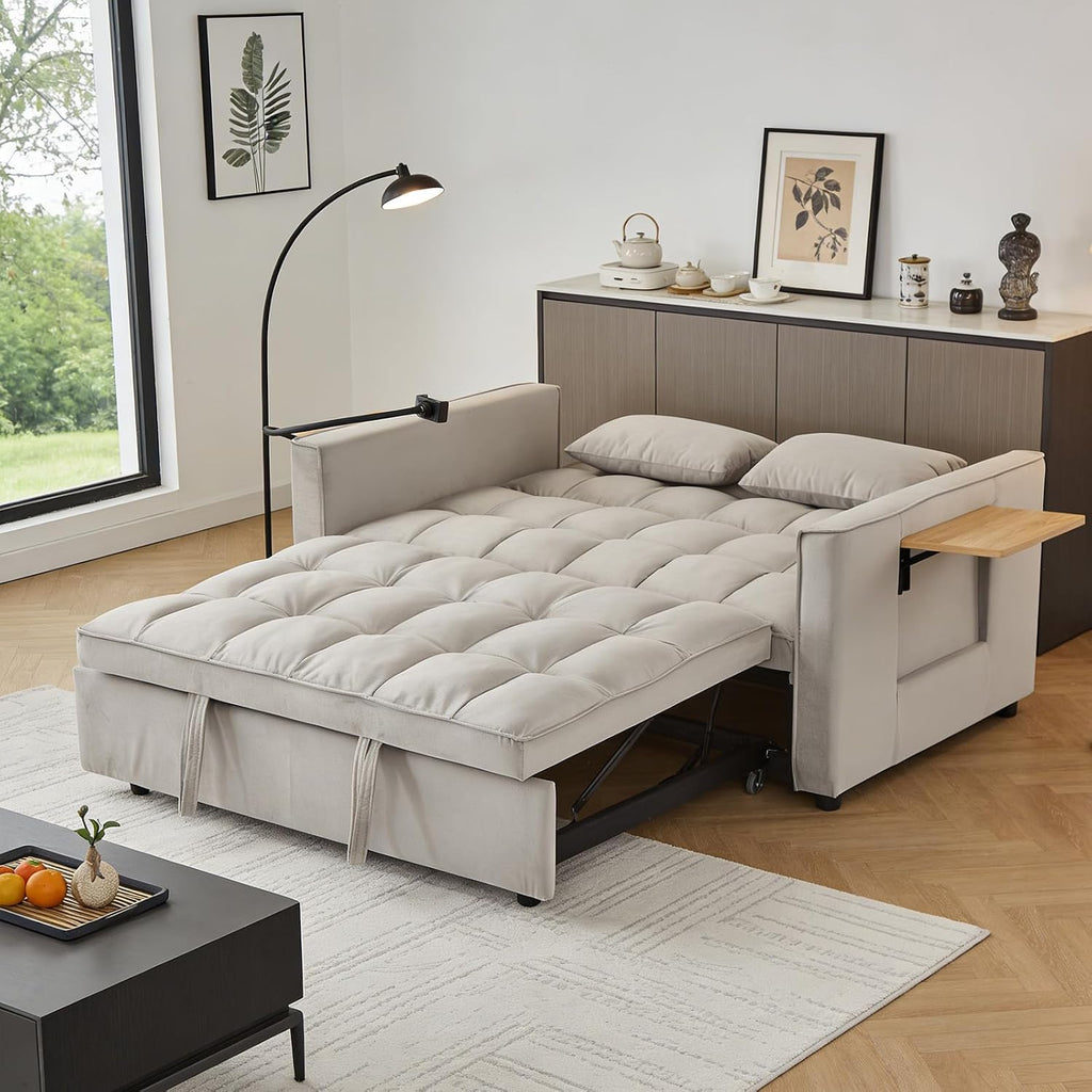 Convertible Velvet Sofa Bed with Pull-Out Bed & Side Storage Pockets, Modern Sleeper Sofa for Living Room, Apartment, Small Spaces, and Bedroom (Grey-3)