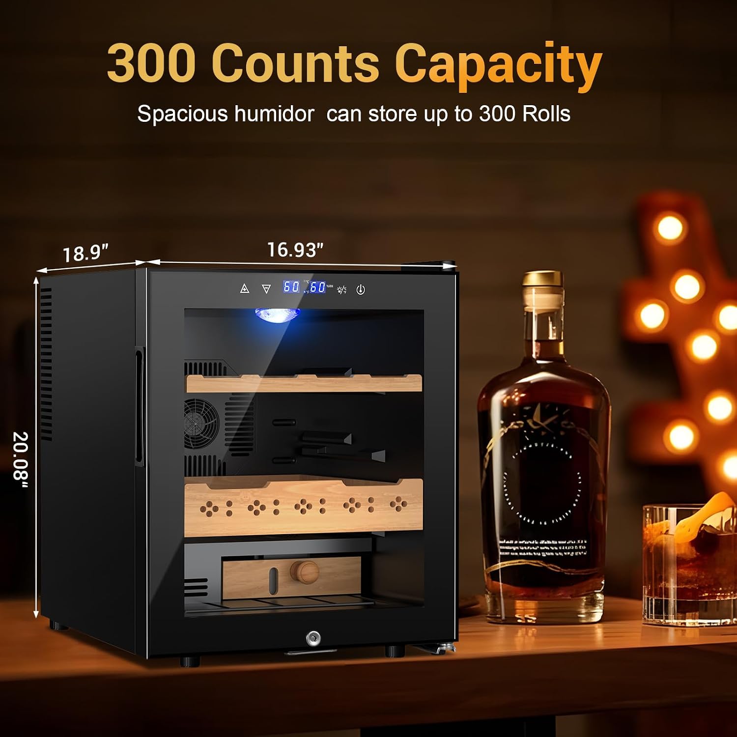 50L Electric Humidor, 300 Counts Large Capacity,Thermostatic Humidor Cabinet with Digital LED Screen, Safety Lock,Smart Humidity & Temp Control, Gifts for Men