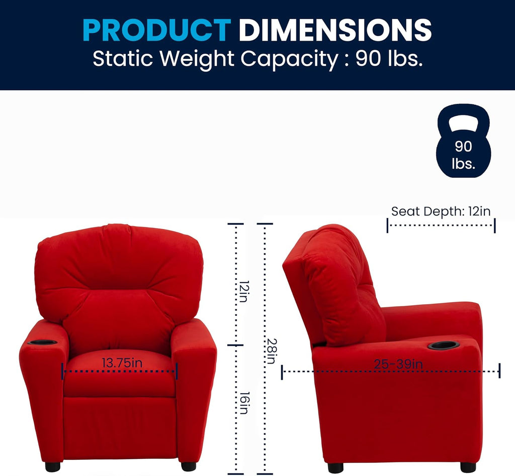 Flash Furniture Chandler Microfiber Kids Recliner with Cup Holder and Safety Recline, Contemporary Reclining Chair for Kids, Supports up to 90 lbs., Red