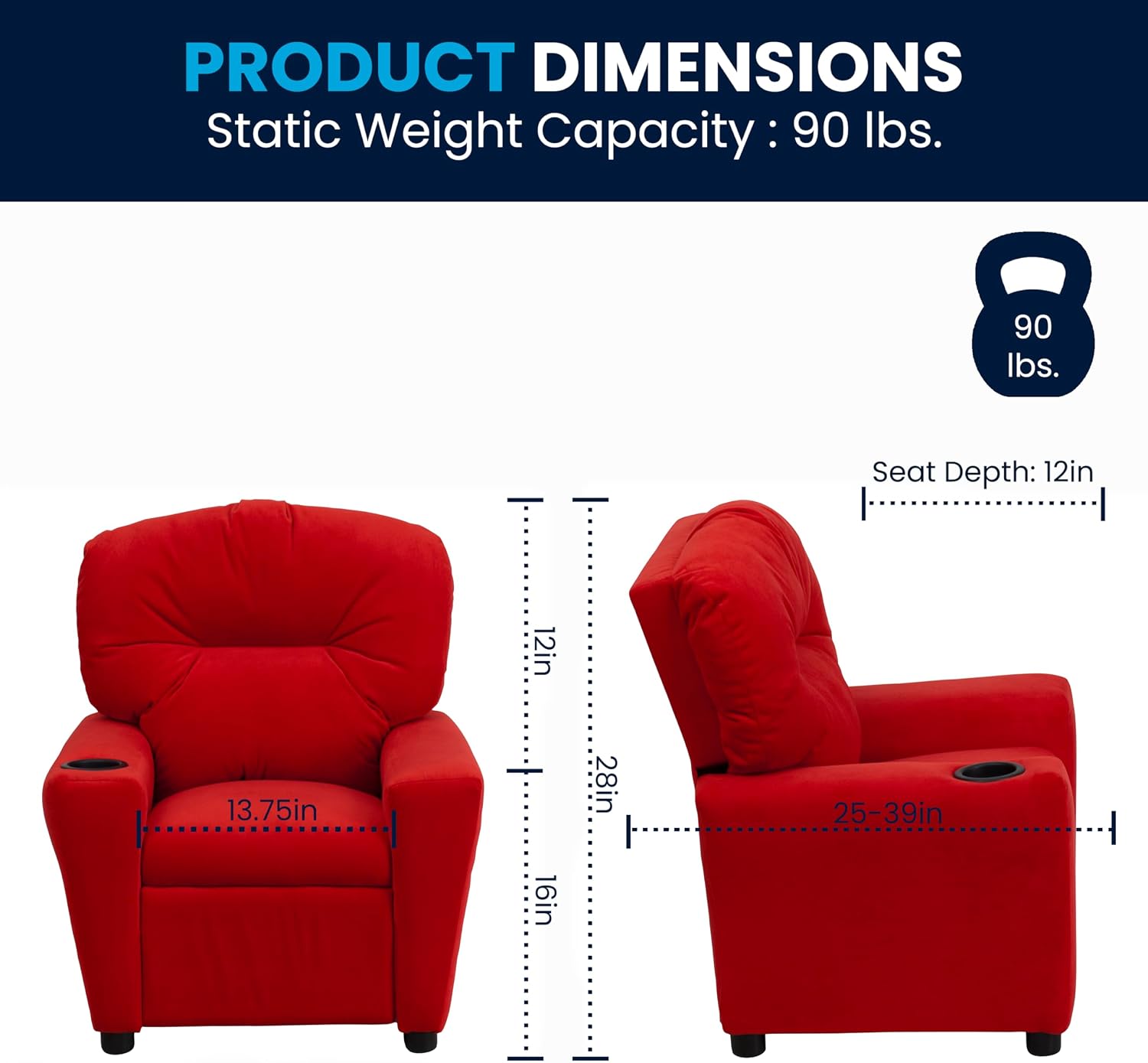 Flash Furniture Chandler Microfiber Kids Recliner with Cup Holder and Safety Recline, Contemporary Reclining Chair for Kids, Supports up to 90 lbs., Red