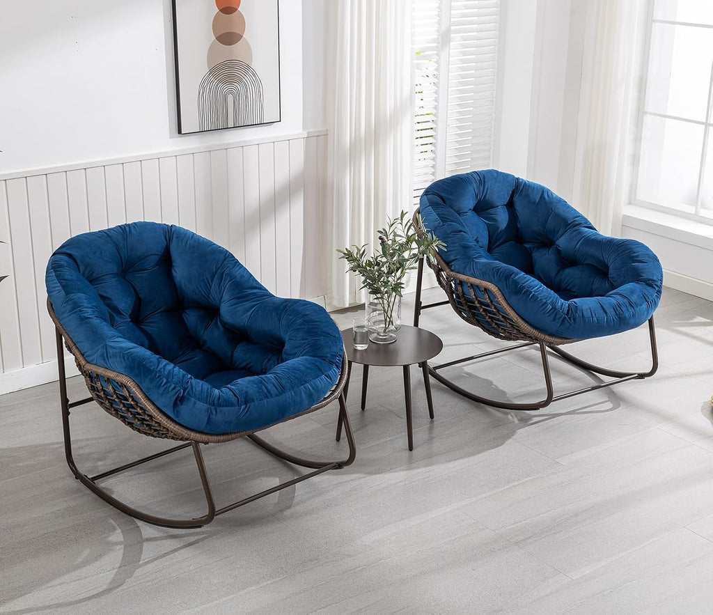 Outdoor Rocking Chair Set of 2, Patio Oversized Rattan Egg Rocking Chair, Indoor Outside Padded Cushion Rocker Recliner Chair, Modern Lounge Chair for Front Porch, Garden, Backyard, Balcony, Navy Blue